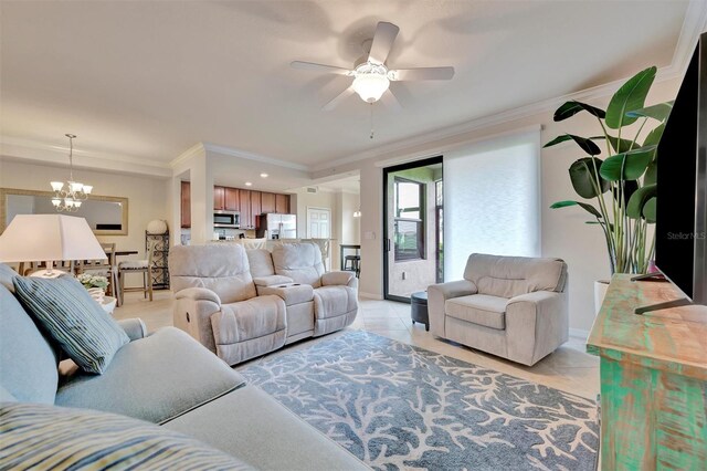 5528 Palmer Cir Unit 104, Bradenton, FL 34211 - living room featuring a chandelier, crown molding, ceiling fan, and light tile patterned floors