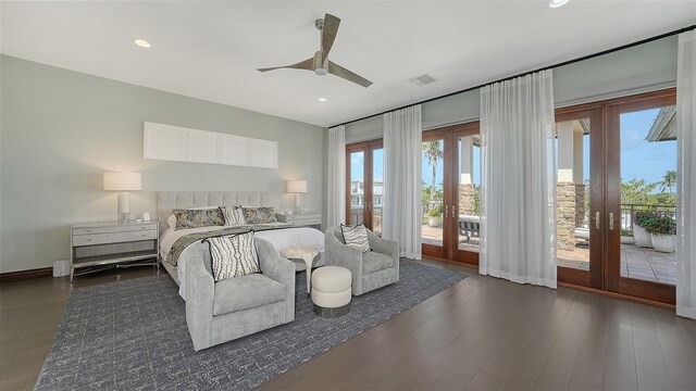 795 Marbury Ln, Longboat Key, FL 34228 - bedroom featuring french doors, access to outside, recessed lighting, wood finished floors, and a ceiling fan