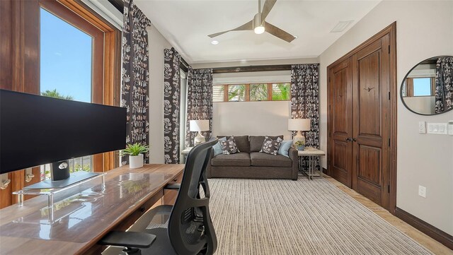 795 Marbury Ln, Longboat Key, FL 34228 - office featuring a ceiling fan and light wood-style flooring