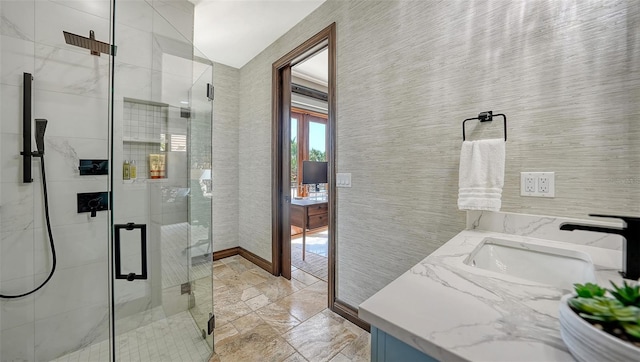 795 Marbury Ln, Longboat Key, FL 34228 - bathroom with vanity, a stall shower, and marble tiled floors