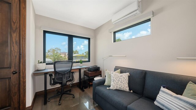795 Marbury Ln, Longboat Key, FL 34228 - office featuring a wall mounted AC, wood finished floors, and lofted ceiling