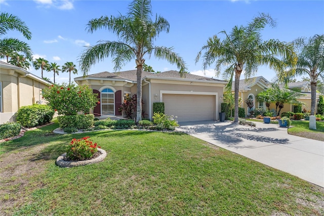 305 Siena Vista Pl, Sun City Center, FL 33573 - view of front of house featuring a garage, driveway, stucco siding, and a front yard