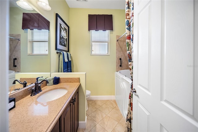 305 Siena Vista Pl, Sun City Center, FL 33573 - full bathroom featuring vanity, healthy amount of natural light, shower / bath combination with curtain, and tile patterned floors