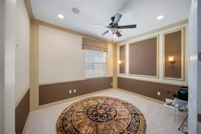 305 Siena Vista Pl, Sun City Center, FL 33573 - empty room with carpet, a ceiling fan, crown molding, and recessed lighting