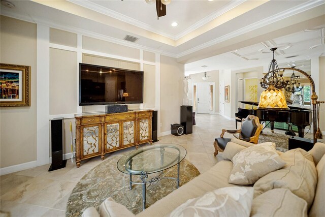 305 Siena Vista Pl, Sun City Center, FL 33573 - living area with ornamental molding, a ceiling fan, light tile patterned floors, recessed lighting, and a tray ceiling