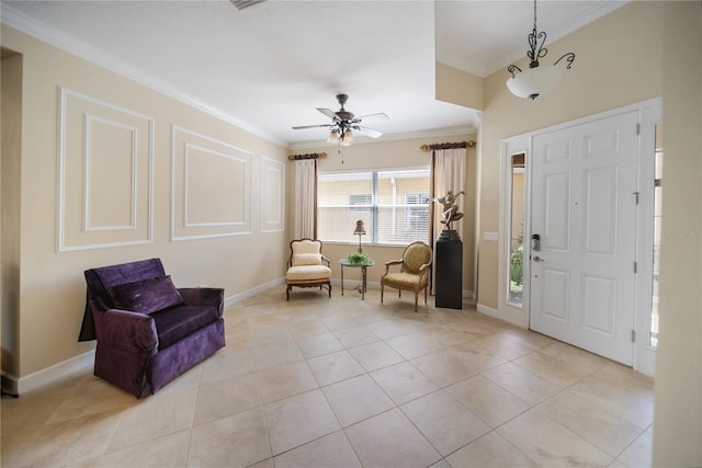 305 Siena Vista Pl, Sun City Center, FL 33573 - entrance foyer with ornamental molding, a ceiling fan, and light tile patterned floors