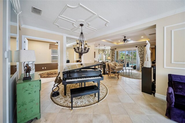 305 Siena Vista Pl, Sun City Center, FL 33573 - dining space featuring crown molding, a chandelier, light tile patterned floors, ceiling fan, and a raised ceiling