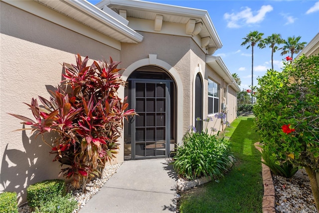 305 Siena Vista Pl, Sun City Center, FL 33573 - property entrance featuring stucco siding and a lawn