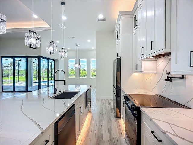 1167 Boundary Blvd, Rotonda West, FL 33947 - kitchen featuring black electric range, stainless steel dishwasher, hanging light fixtures, light wood finished floors, and light stone counters