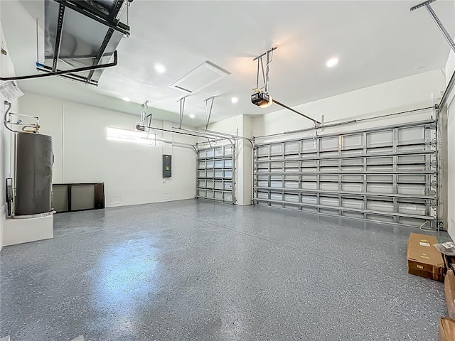 1167 Boundary Blvd, Rotonda West, FL 33947 - garage featuring water heater, electric panel, a garage door opener, and recessed lighting