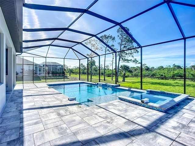 1167 Boundary Blvd, Rotonda West, FL 33947 - view of pool with a yard, a patio area, a pool with connected hot tub, glass enclosure, and view of wooded area