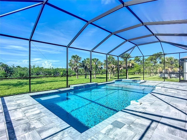 1167 Boundary Blvd, Rotonda West, FL 33947 - view of pool with a lawn, a pool with connected hot tub, a patio area, and glass enclosure