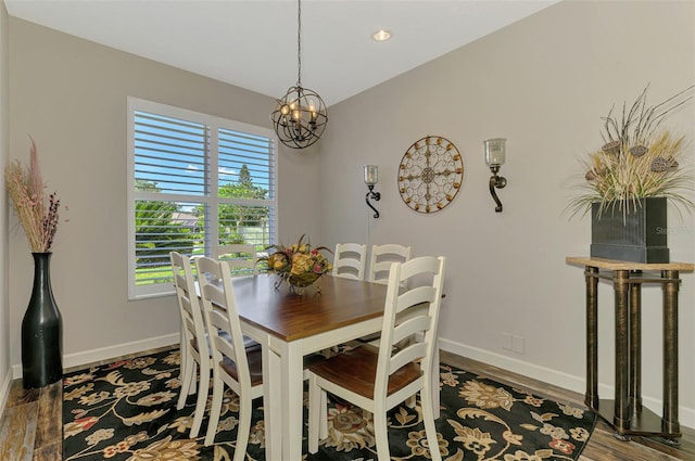 7302 Dunes Ct, Bradenton, FL 34202 - dining space featuring a chandelier, wood finished floors, and recessed lighting