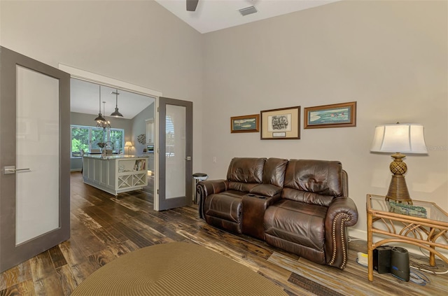 7302 Dunes Ct, Bradenton, FL 34202 - living room featuring dark wood-type flooring and a ceiling fan