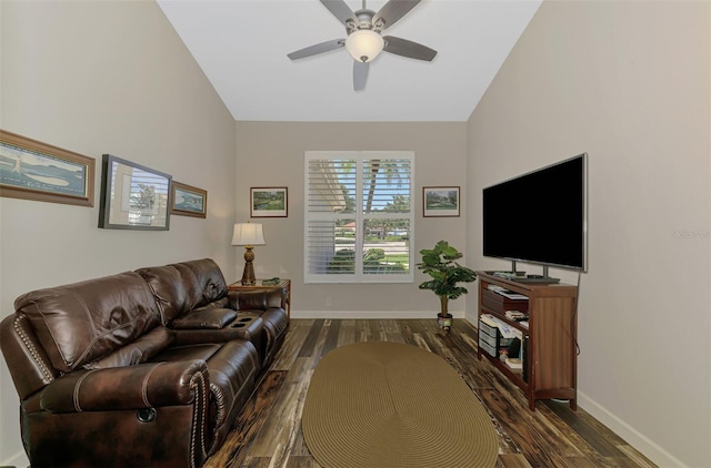 7302 Dunes Ct, Bradenton, FL 34202 - living room with lofted ceiling, dark wood finished floors, and a ceiling fan