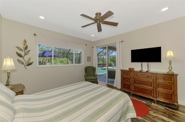 7302 Dunes Ct, Bradenton, FL 34202 - bedroom with access to outside, wood finished floors, recessed lighting, and ceiling fan