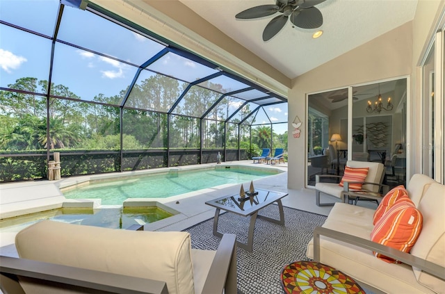 7302 Dunes Ct, Bradenton, FL 34202 - view of patio / terrace featuring a ceiling fan, outdoor lounge area, and a pool with connected hot tub