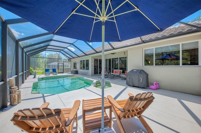 7302 Dunes Ct, Bradenton, FL 34202 - swimming pool featuring a patio area, a lanai, and area for grilling