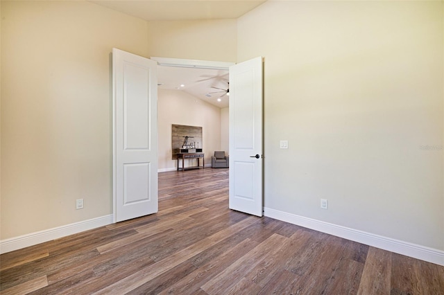 16630 Willow Point Ct, Alva, FL 33920 - unfurnished room with wood finished floors, baseboards, ceiling fan, lofted ceiling, and recessed lighting