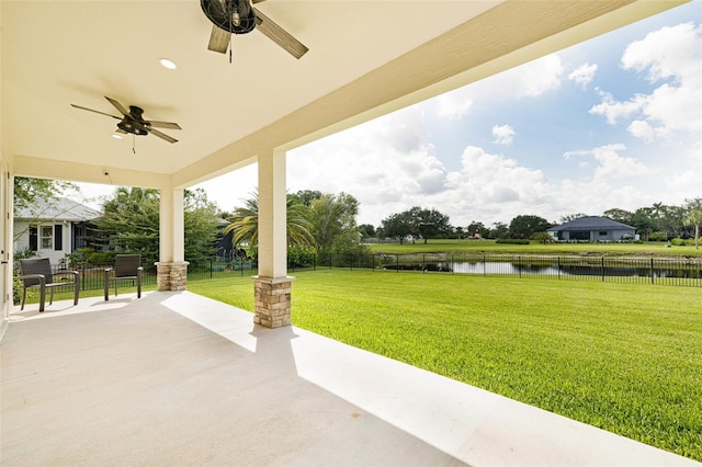 16630 Willow Point Ct, Alva, FL 33920 - view of patio featuring a water view and ceiling fan