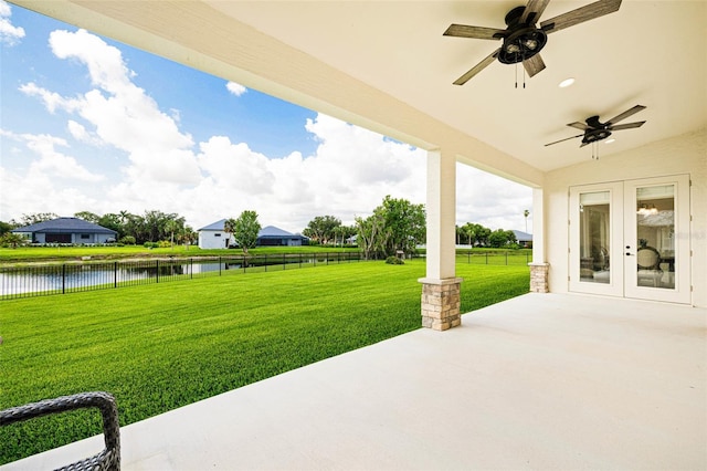 16630 Willow Point Ct, Alva, FL 33920 - view of patio / terrace featuring french doors, a water view, and ceiling fan