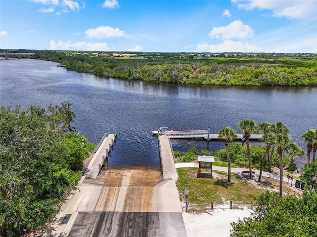 2347 123rd Pl E, Parrish, FL 34219 - dock area with a water view, a boat ramp, and a wooded view