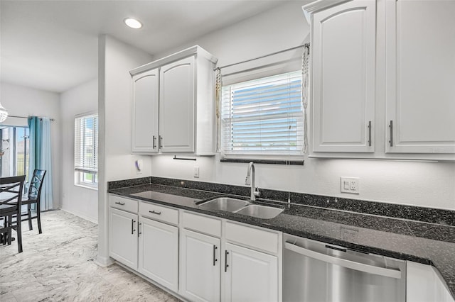 2347 123rd Pl E, Parrish, FL 34219 - kitchen featuring dishwasher, light marble finish flooring, dark stone countertops, white cabinetry, and recessed lighting