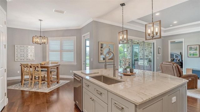 13220 Swiftwater Way, Lakewood Ranch, FL 34211 - kitchen featuring a chandelier, dark wood-type flooring, healthy amount of natural light, crown molding, and recessed lighting