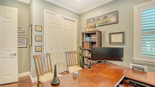 13220 Swiftwater Way, Lakewood Ranch, FL 34211 - home office featuring ornamental molding and wood finished floors