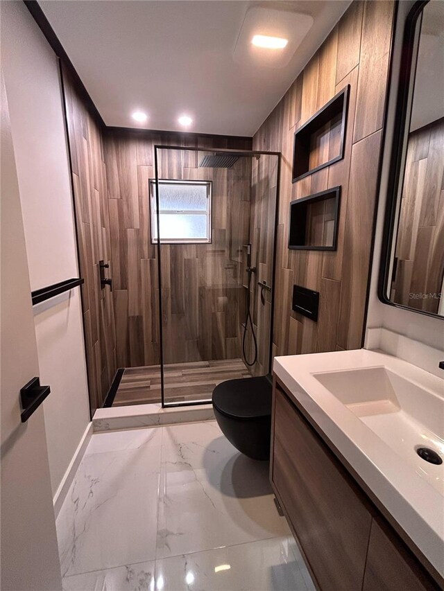 5848 Milton Ave, Sarasota, FL 34243 - full bathroom featuring marble tiled floors, vanity, and a stall shower