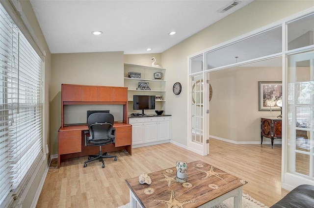 4733 Spring Meadow Ln, Sarasota, FL 34233 - home office with light wood finished floors, french doors, and recessed lighting