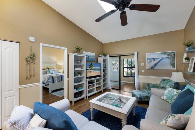 2904 64th St W Unit 2904, Bradenton, FL 34209 - living room featuring high vaulted ceiling, wood finished floors, and ceiling fan