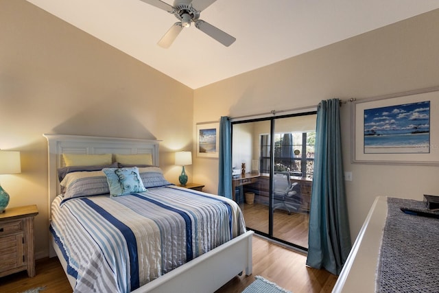 2904 64th St W Unit 2904, Bradenton, FL 34209 - bedroom with access to outside, wood finished floors, a ceiling fan, and high vaulted ceiling