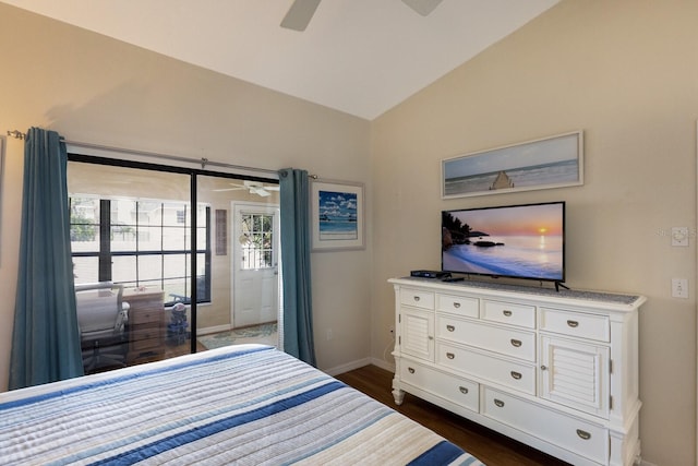 2904 64th St W Unit 2904, Bradenton, FL 34209 - bedroom featuring lofted ceiling, dark wood finished floors, ceiling fan, and access to outside