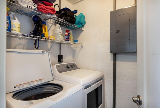 2904 64th St W Unit 2904, Bradenton, FL 34209 - washroom featuring electric panel, independent washer and dryer, and a textured wall