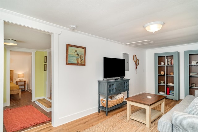 509 Pine Ave Unit A, Anna Maria, FL 34216 - living area with light wood-type flooring, electric panel, and crown molding