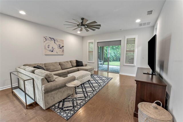 11434 Spring Gate Trl, Bradenton, FL 34211 - living room with ceiling fan, wood finished floors, and recessed lighting