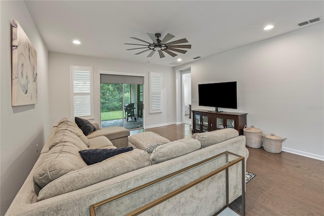 11434 Spring Gate Trl, Bradenton, FL 34211 - living area featuring a ceiling fan, dark wood finished floors, and recessed lighting