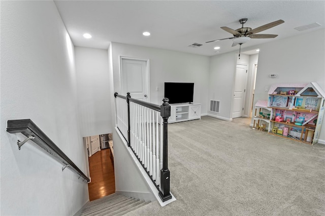 11434 Spring Gate Trl, Bradenton, FL 34211 - stairs featuring a ceiling fan, recessed lighting, and carpet flooring