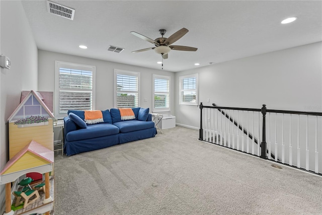 11434 Spring Gate Trl, Bradenton, FL 34211 - living room with carpet, a ceiling fan, and recessed lighting