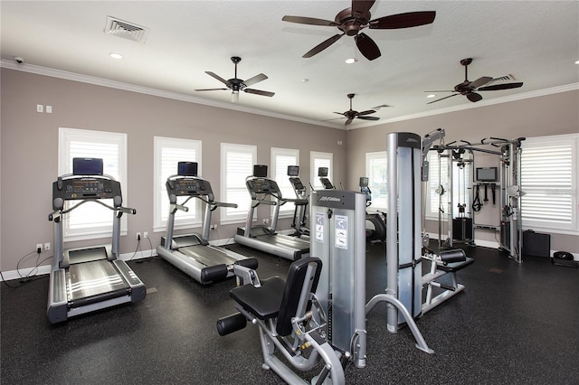 11434 Spring Gate Trl, Bradenton, FL 34211 - gym with healthy amount of natural light, crown molding, recessed lighting, and ceiling fan