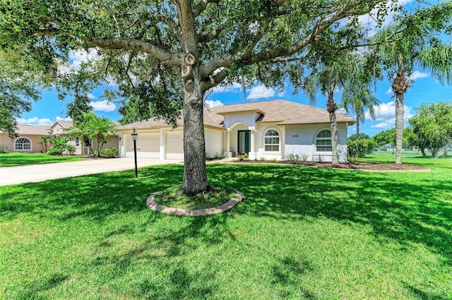 208 147th St NE, Bradenton, FL 34212 - mediterranean / spanish-style home featuring concrete driveway, a front yard, stucco siding, and an attached garage