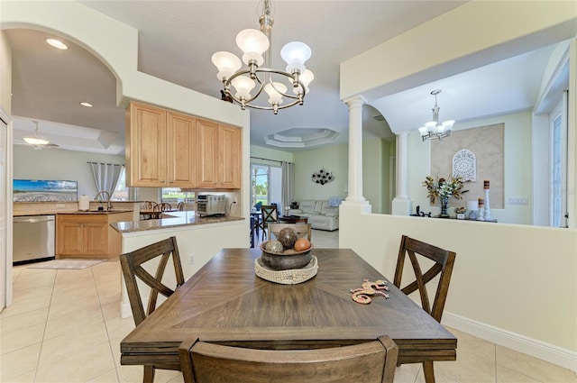 208 147th St NE, Bradenton, FL 34212 - dining room with a chandelier, light tile patterned flooring, decorative columns, and recessed lighting