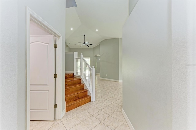 6423 Royal Tern Cir, Lakewood Ranch, FL 34202 - stairs with tile patterned flooring, vaulted ceiling, and ceiling fan