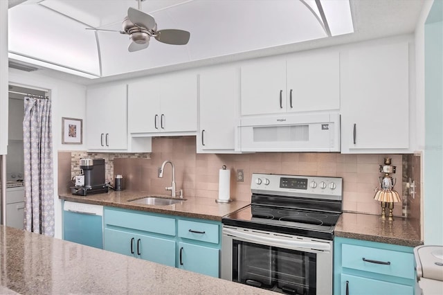 6832 Woodwind Dr Unit 53, Sarasota, FL 34231 - kitchen featuring white microwave, stainless steel electric stove, dishwasher, and blue cabinetry