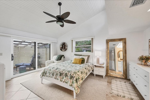 6832 Woodwind Dr Unit 53, Sarasota, FL 34231 - bedroom with access to exterior, light tile patterned floors, high vaulted ceiling, and a ceiling fan