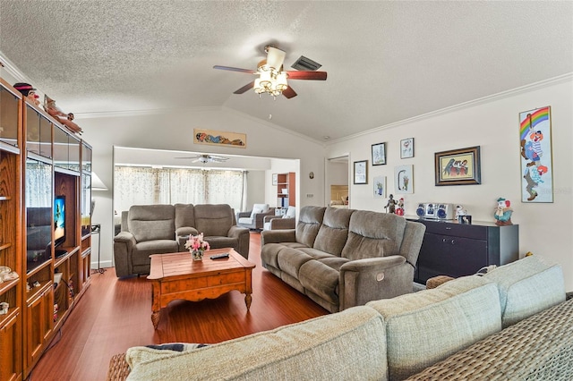 20 Idle Sands Dr, Venice, FL 34293 - living area with a ceiling fan, crown molding, lofted ceiling, wood finished floors, and a textured ceiling