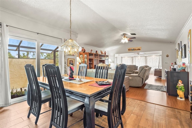 20 Idle Sands Dr, Venice, FL 34293 - dining room with ornamental molding, a textured ceiling, light wood-type flooring, healthy amount of natural light, and a ceiling fan