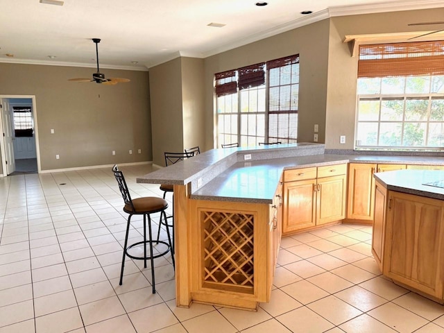 5615 Waneta Pl, Sarasota, FL 34231 - kitchen with light tile patterned floors, healthy amount of natural light, a breakfast bar, light brown cabinetry, and crown molding