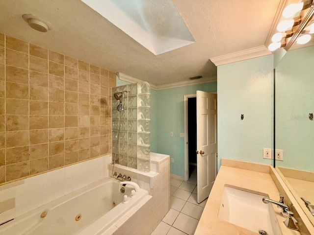 5615 Waneta Pl, Sarasota, FL 34231 - bathroom with crown molding, a tub with jets, tile patterned flooring, walk in shower, and vanity